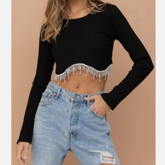 Sincerely Jules Ribbed Knit Crop Top Rhinestone Fringe Long Sleeve Size Medium - Picture 1 of 10